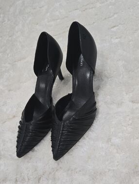 CK Black Ruched Pointed Toe Stiletto Heels Designer Dress Pumps